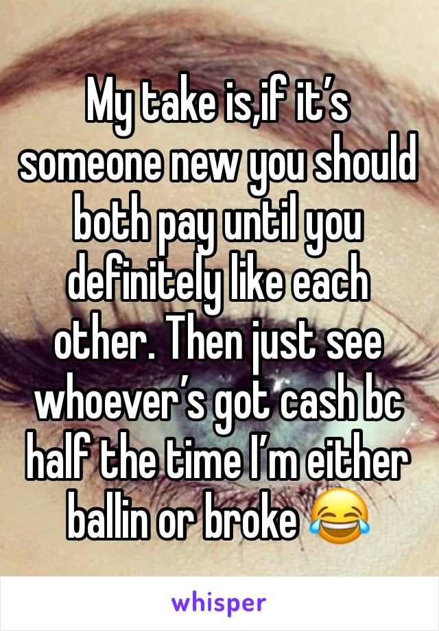 My take is,if it’s someone new you should both pay until you definitely like each other. Then just see whoever’s got cash bc half the time I’m either ballin or broke 😂