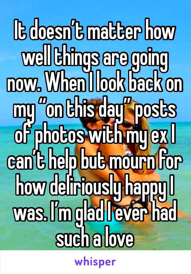 It doesn’t matter how well things are going now. When I look back on my “on this day” posts of photos with my ex I can’t help but mourn for how deliriously happy I was. I’m glad I ever had such a love