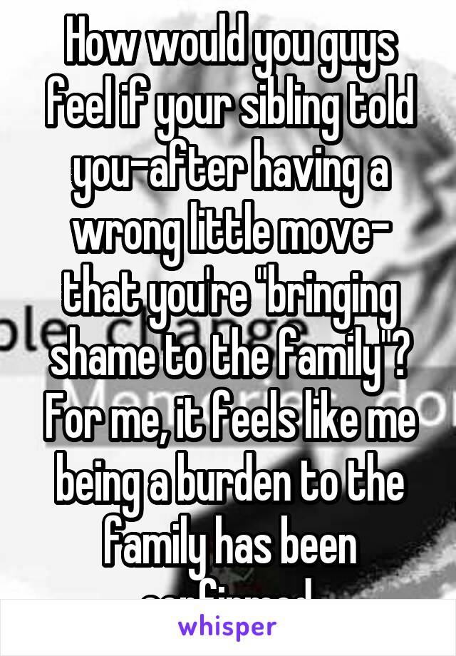 How would you guys feel if your sibling told you-after having a wrong little move- that you're "bringing shame to the family"? For me, it feels like me being a burden to the family has been confirmed.