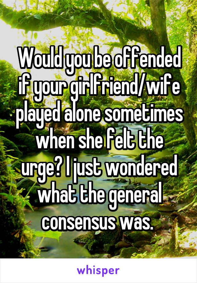 Would you be offended if your girlfriend/wife played alone sometimes when she felt the urge? I just wondered what the general consensus was. 