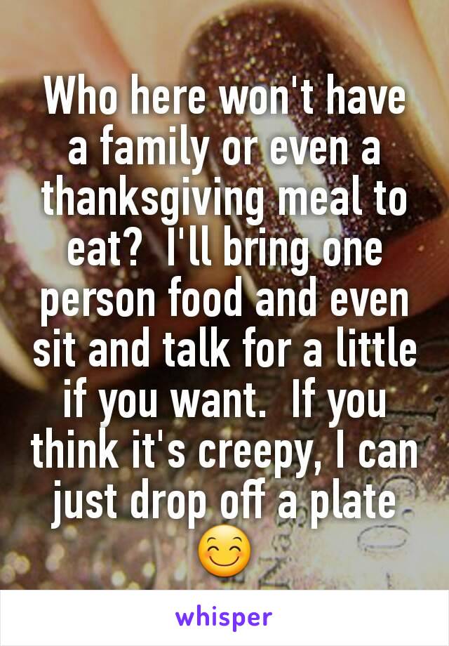 Who here won't have a family or even a thanksgiving meal to eat?  I'll bring one person food and even sit and talk for a little if you want.  If you think it's creepy, I can just drop off a plate😊