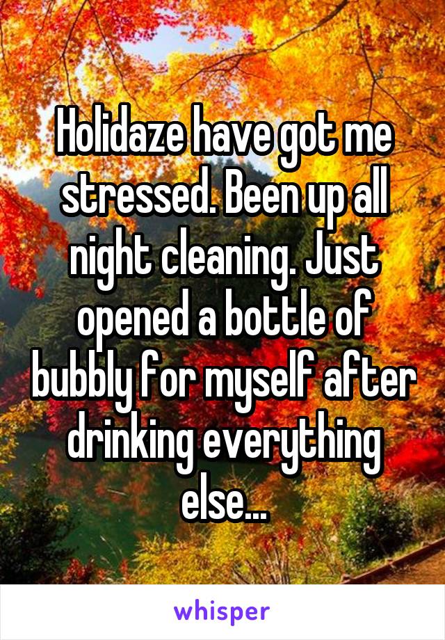 Holidaze have got me stressed. Been up all night cleaning. Just opened a bottle of bubbly for myself after drinking everything else...