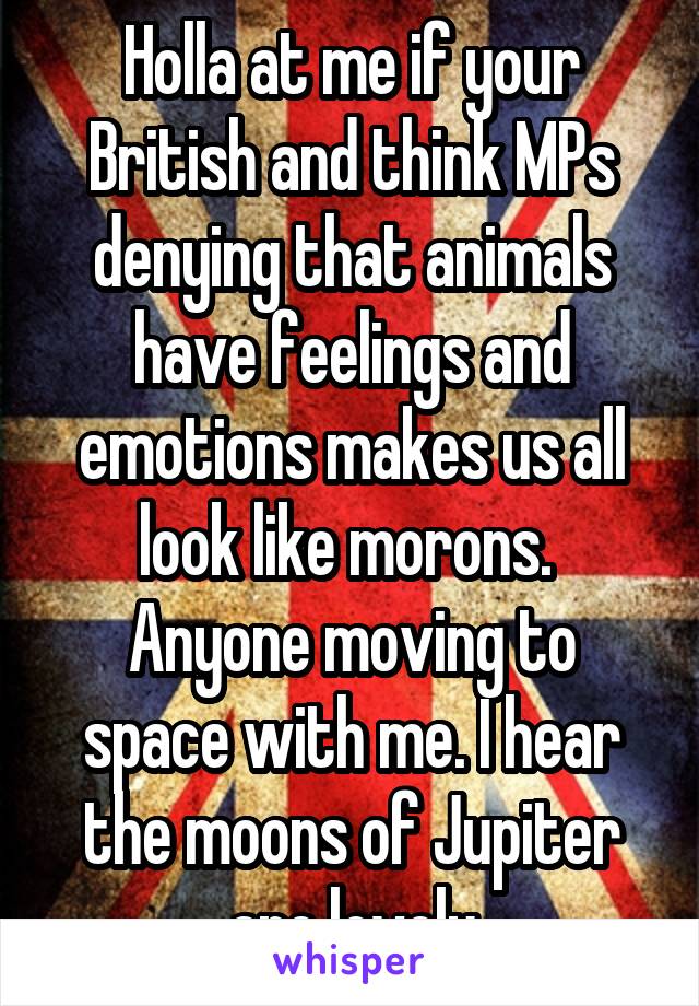 Holla at me if your British and think MPs denying that animals have feelings and emotions makes us all look like morons. 
Anyone moving to space with me. I hear the moons of Jupiter are lovely
