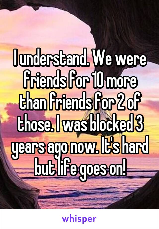 I understand. We were friends for 10 more than friends for 2 of those. I was blocked 3 years ago now. It's hard but life goes on!