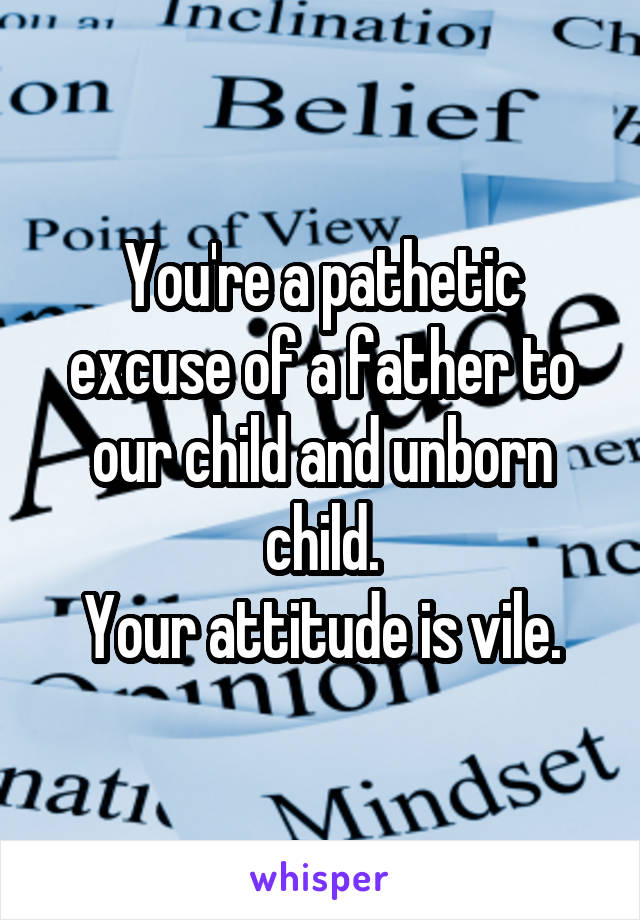 You're a pathetic excuse of a father to our child and unborn child.
Your attitude is vile.