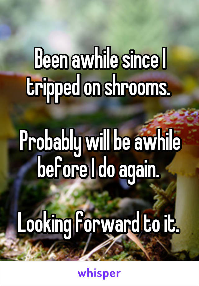 Been awhile since I tripped on shrooms. 

Probably will be awhile before I do again. 

Looking forward to it. 