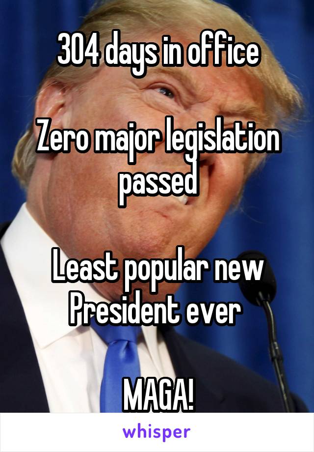 304 days in office

Zero major legislation passed

Least popular new President ever 

MAGA!