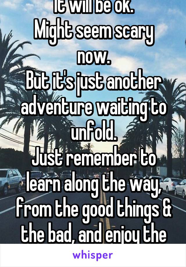 It will be ok.
Might seem scary now.
But it's just another adventure waiting to unfold.
Just remember to learn along the way, from the good things & the bad, and enjoy the journey.