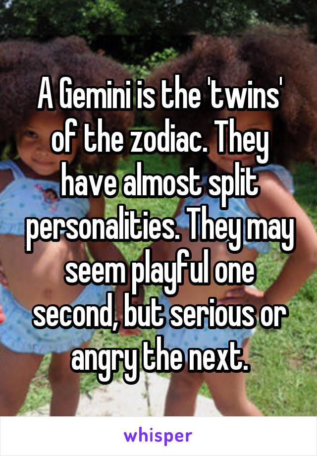 A Gemini is the 'twins' of the zodiac. They have almost split personalities. They may seem playful one second, but serious or angry the next.