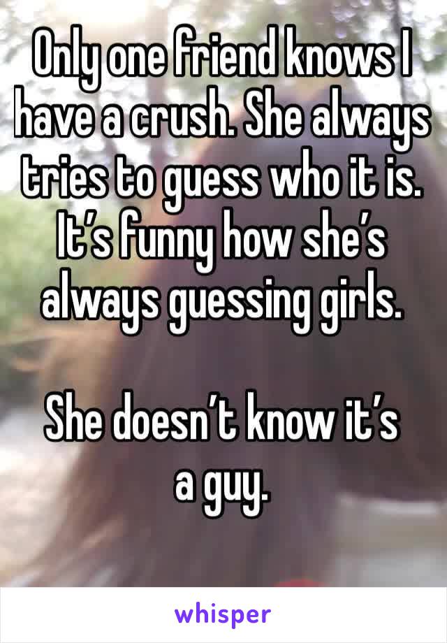 Only one friend knows I have a crush. She always tries to guess who it is. It’s funny how she’s always guessing girls. 

She doesn’t know it’s a guy.