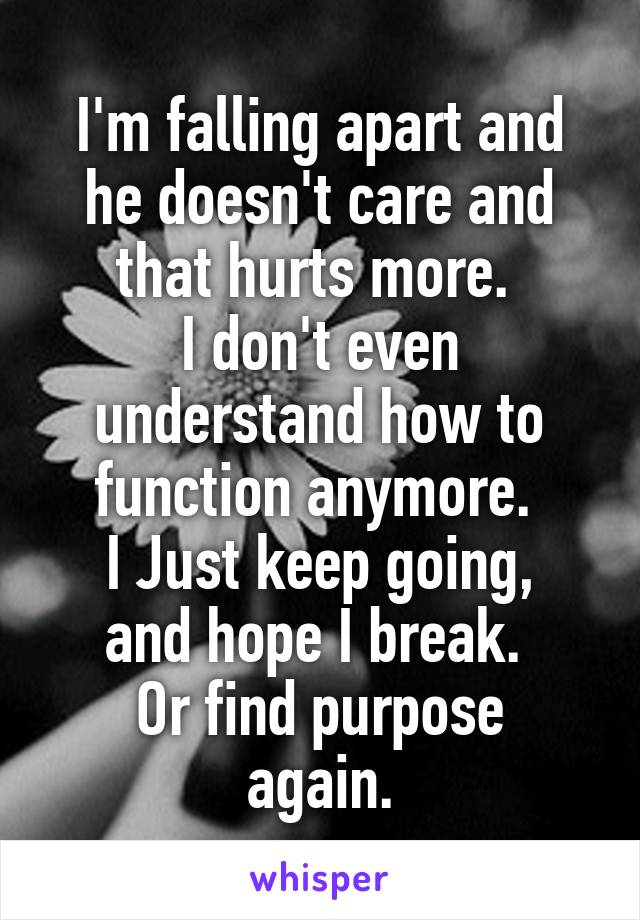 I'm falling apart and he doesn't care and that hurts more. 
I don't even understand how to function anymore. 
I Just keep going, and hope I break. 
Or find purpose again.