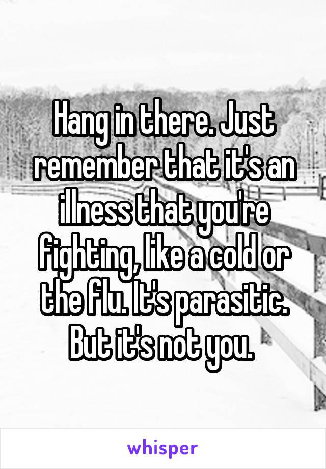 Hang in there. Just remember that it's an illness that you're fighting, like a cold or the flu. It's parasitic. But it's not you. 