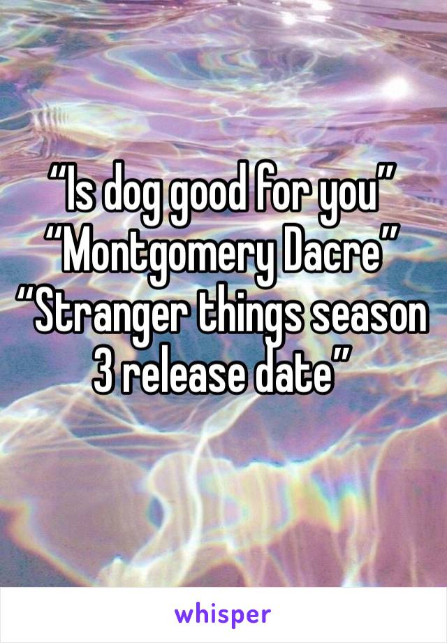 “Is dog good for you”
“Montgomery Dacre”
“Stranger things season 3 release date”