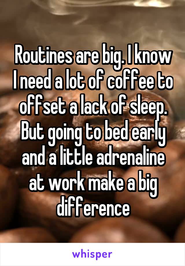 Routines are big. I know I need a lot of coffee to offset a lack of sleep. But going to bed early and a little adrenaline at work make a big difference