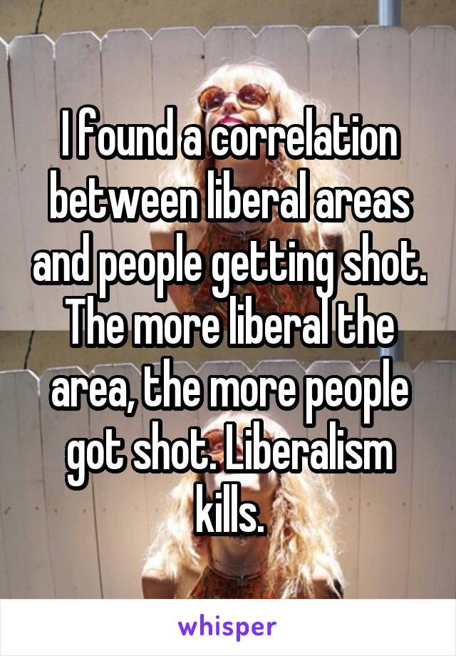 I found a correlation between liberal areas and people getting shot. The more liberal the area, the more people got shot. Liberalism kills.