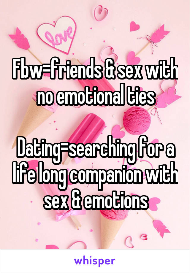 Fbw=friends & sex with no emotional ties

Dating=searching for a life long companion with sex & emotions