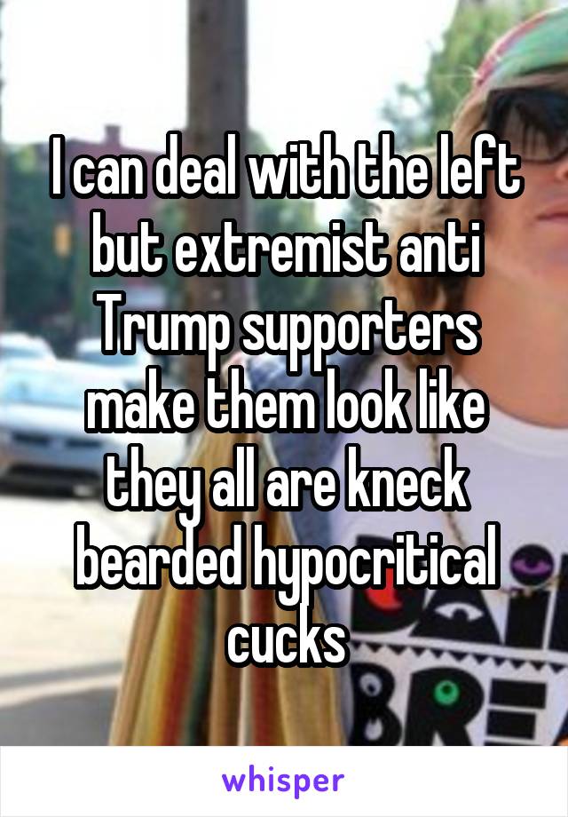 I can deal with the left but extremist anti Trump supporters make them look like they all are kneck bearded hypocritical cucks