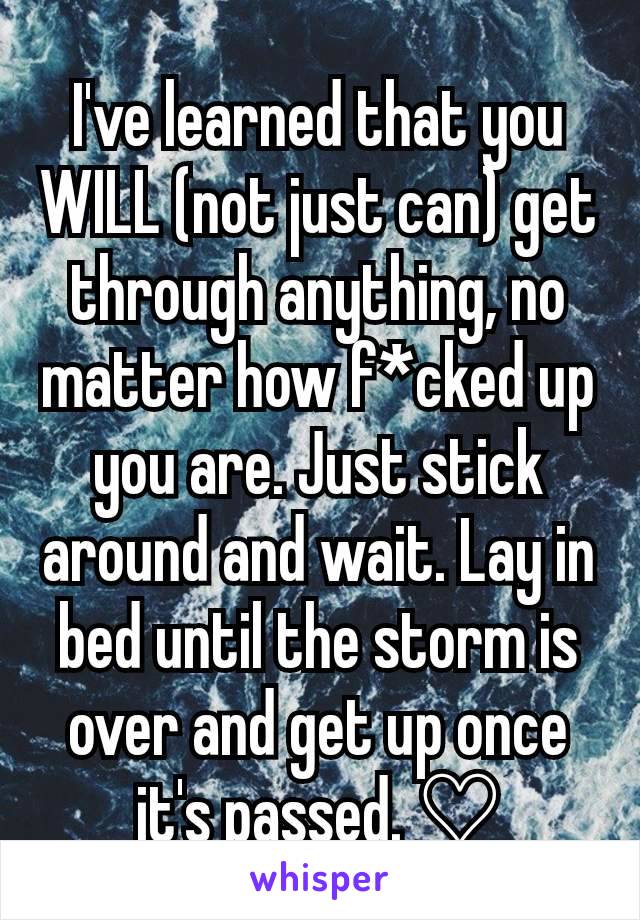 I've learned that you WILL (not just can) get through anything, no matter how f*cked up you are. Just stick around and wait. Lay in bed until the storm is over and get up once it's passed. ♡