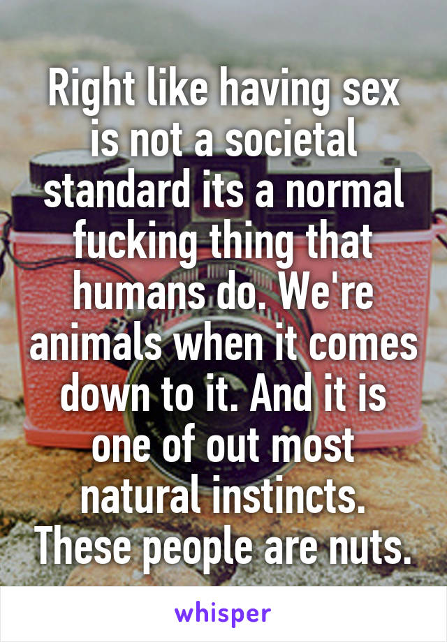 Right like having sex is not a societal standard its a normal fucking thing that humans do. We're animals when it comes down to it. And it is one of out most natural instincts. These people are nuts.