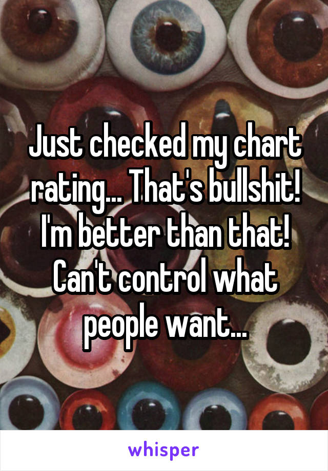 Just checked my chart rating... That's bullshit! I'm better than that! Can't control what people want...