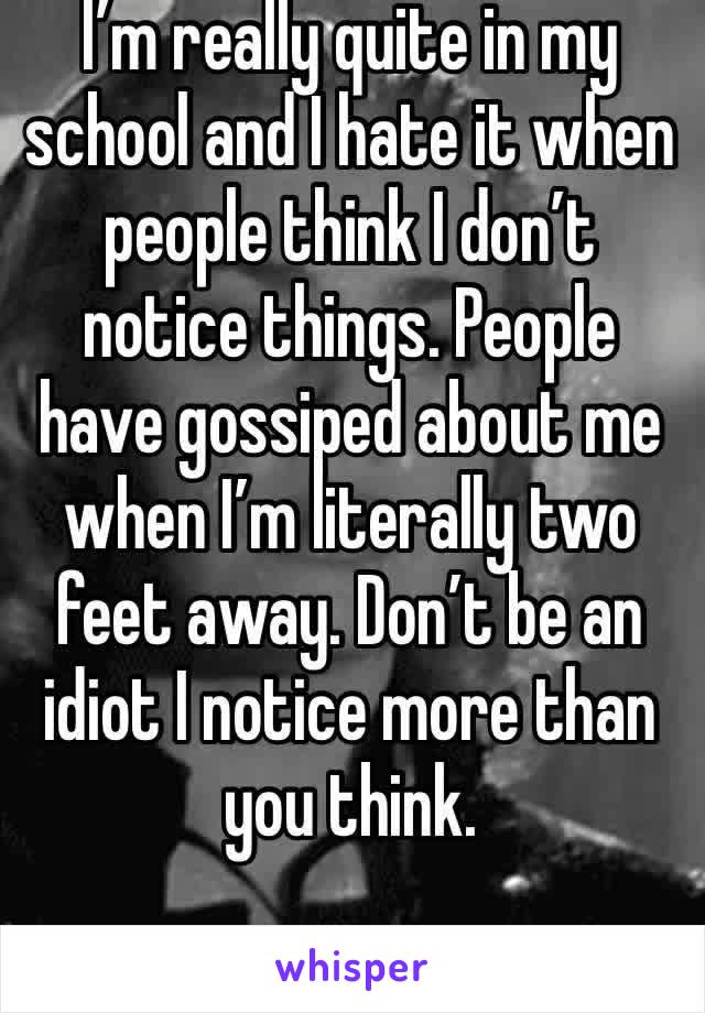 I’m really quite in my school and I hate it when people think I don’t notice things. People have gossiped about me when I’m literally two feet away. Don’t be an idiot I notice more than you think.