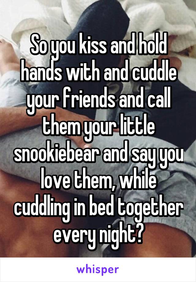 So you kiss and hold hands with and cuddle your friends and call them your little snookiebear and say you love them, while cuddling in bed together every night?