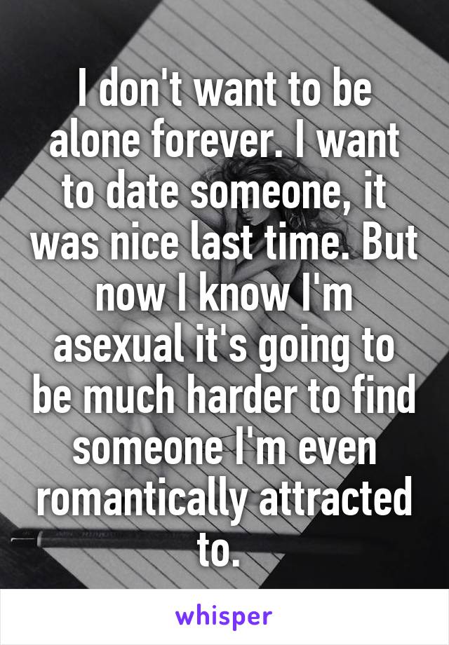 I don't want to be alone forever. I want to date someone, it was nice last time. But now I know I'm asexual it's going to be much harder to find someone I'm even romantically attracted to. 