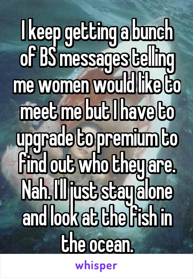 I keep getting a bunch of BS messages telling me women would like to meet me but I have to upgrade to premium to find out who they are. Nah. I'll just stay alone and look at the fish in the ocean.