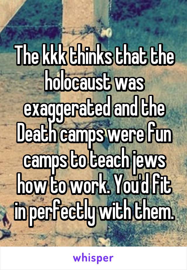 The kkk thinks that the holocaust was exaggerated and the Death camps were fun camps to teach jews how to work. You'd fit in perfectly with them.