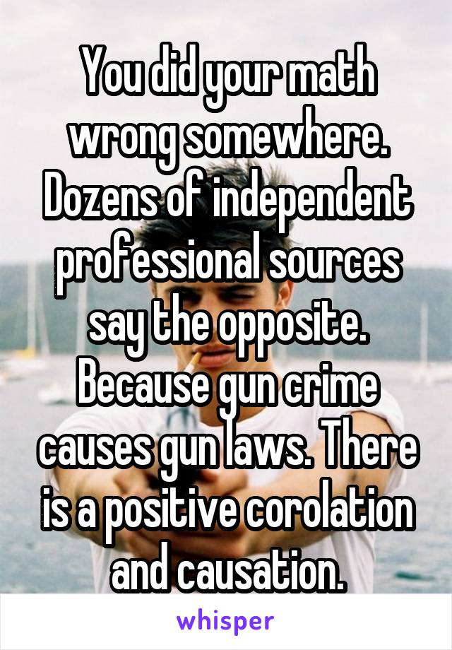 You did your math wrong somewhere.
Dozens of independent professional sources say the opposite.
Because gun crime causes gun laws. There is a positive corolation and causation.