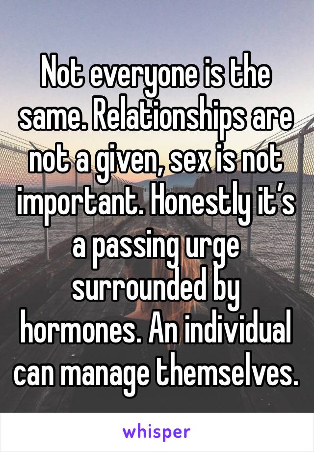 Not everyone is the same. Relationships are not a given, sex is not important. Honestly it’s a passing urge surrounded by hormones. An individual can manage themselves. 