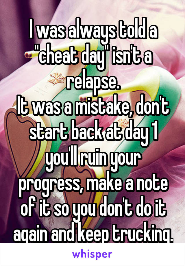 I was always told a "cheat day" isn't a relapse.
It was a mistake, don't start back at day 1 you'll ruin your progress, make a note of it so you don't do it again and keep trucking.