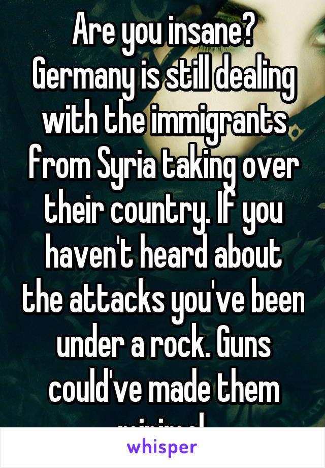 Are you insane? Germany is still dealing with the immigrants from Syria taking over their country. If you haven't heard about the attacks you've been under a rock. Guns could've made them minimal.