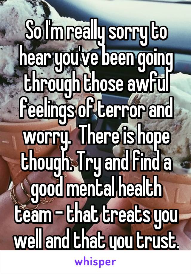 So I'm really sorry to hear you've been going through those awful feelings of terror and worry.  There is hope though. Try and find a good mental health team - that treats you well and that you trust.