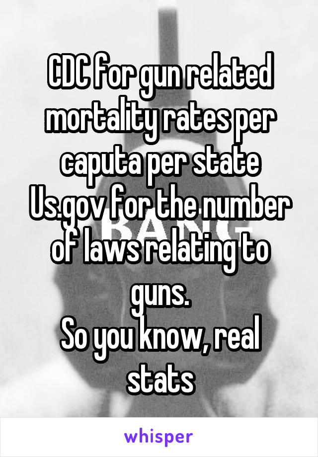 CDC for gun related mortality rates per caputa per state
Us.gov for the number of laws relating to guns.
So you know, real stats