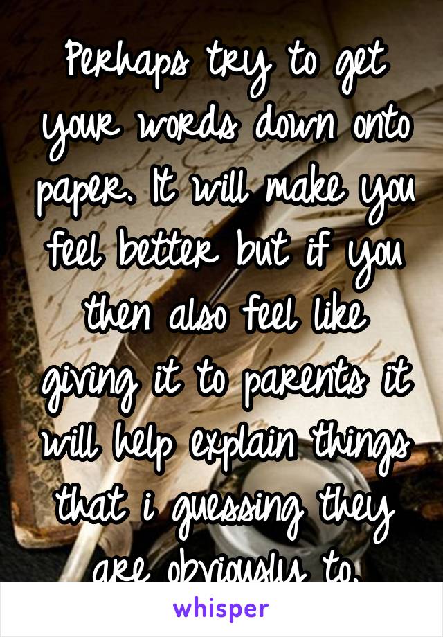 Perhaps try to get your words down onto paper. It will make you feel better but if you then also feel like giving it to parents it will help explain things that i guessing they are obviously to.