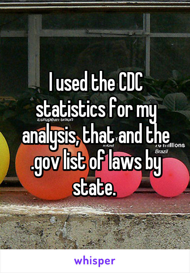 I used the CDC statistics for my analysis, that and the .gov list of laws by state. 