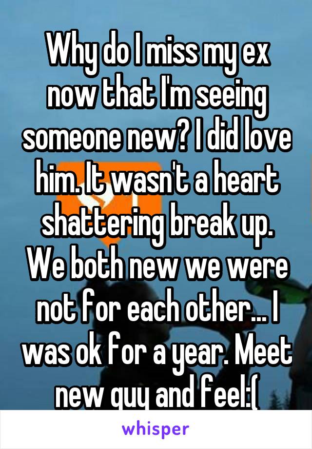 Why do I miss my ex now that I'm seeing someone new? I did love him. It wasn't a heart shattering break up. We both new we were not for each other... I was ok for a year. Meet new guy and feel:(