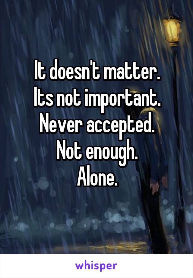 It doesn't matter.
Its not important.
Never accepted.
Not enough.
Alone.
