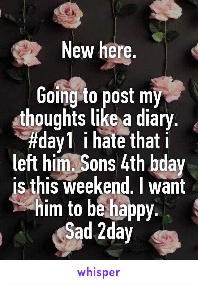 New here.

Going to post my thoughts like a diary.
#day1  i hate that i left him. Sons 4th bday is this weekend. I want him to be happy. 
Sad 2day