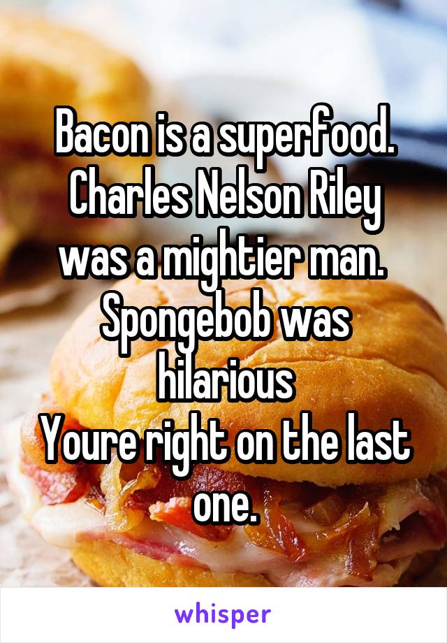 Bacon is a superfood.
Charles Nelson Riley was a mightier man. 
Spongebob was hilarious
Youre right on the last one.