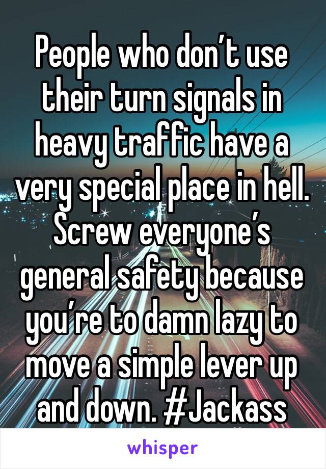People who don’t use their turn signals in heavy traffic have a very special place in hell. Screw everyone’s general safety because you’re to damn lazy to move a simple lever up and down. #Jackass