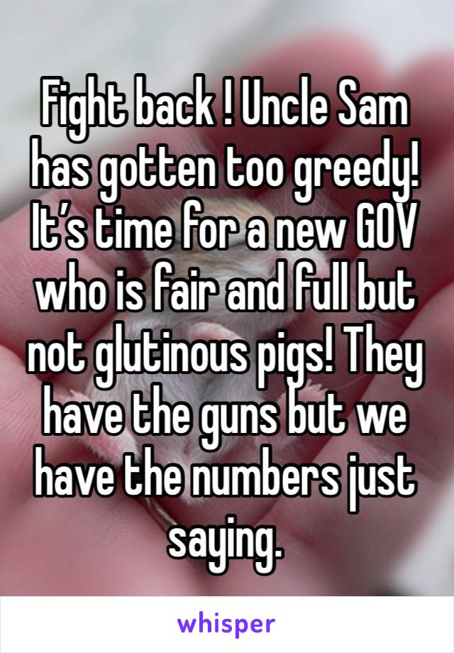 Fight back ! Uncle Sam has gotten too greedy! It’s time for a new GOV who is fair and full but not glutinous pigs! They have the guns but we have the numbers just saying.