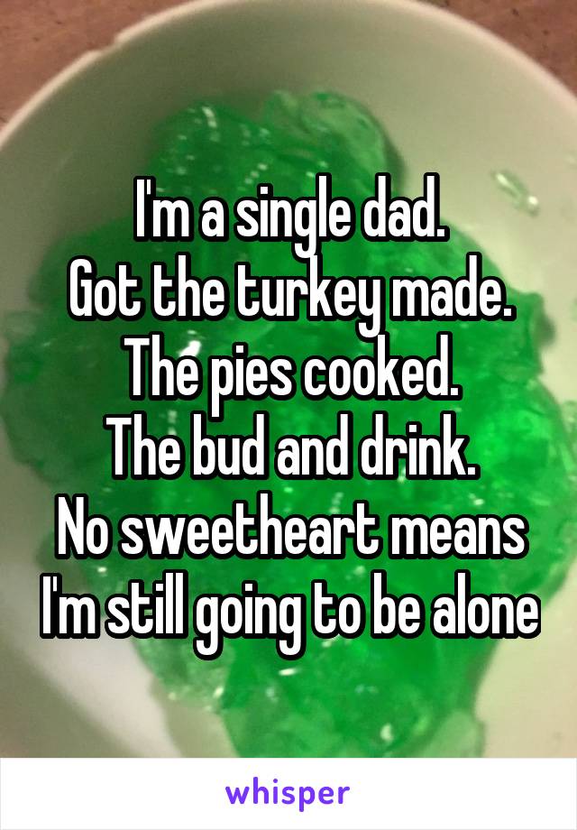 I'm a single dad.
Got the turkey made.
The pies cooked.
The bud and drink.
No sweetheart means I'm still going to be alone