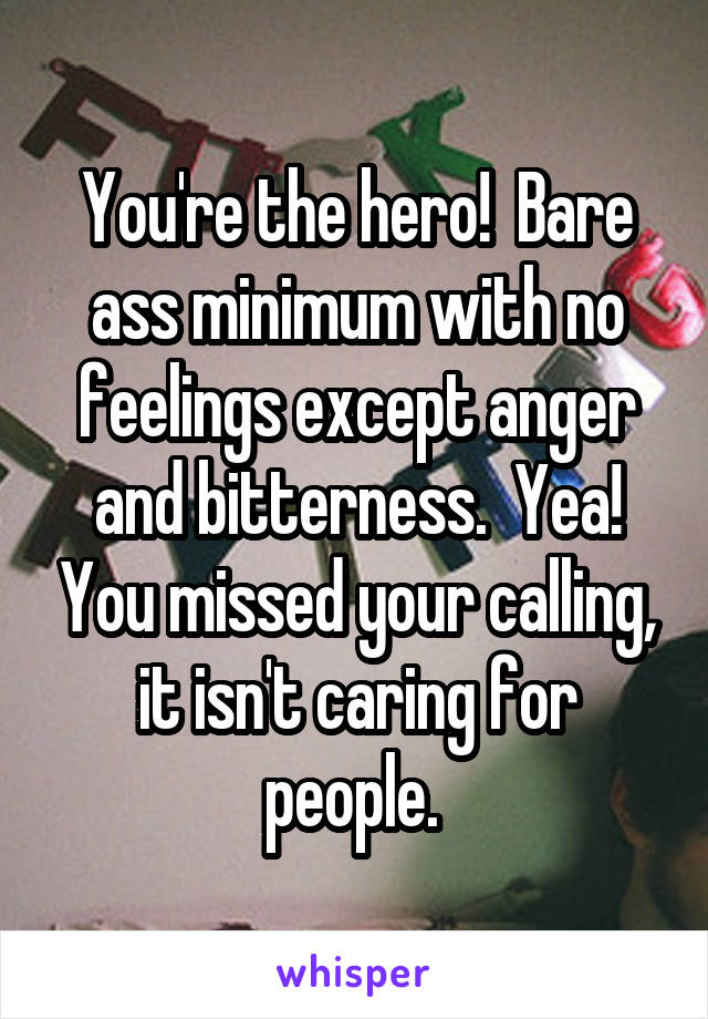 You're the hero!  Bare ass minimum with no feelings except anger and bitterness.  Yea! You missed your calling, it isn't caring for people. 