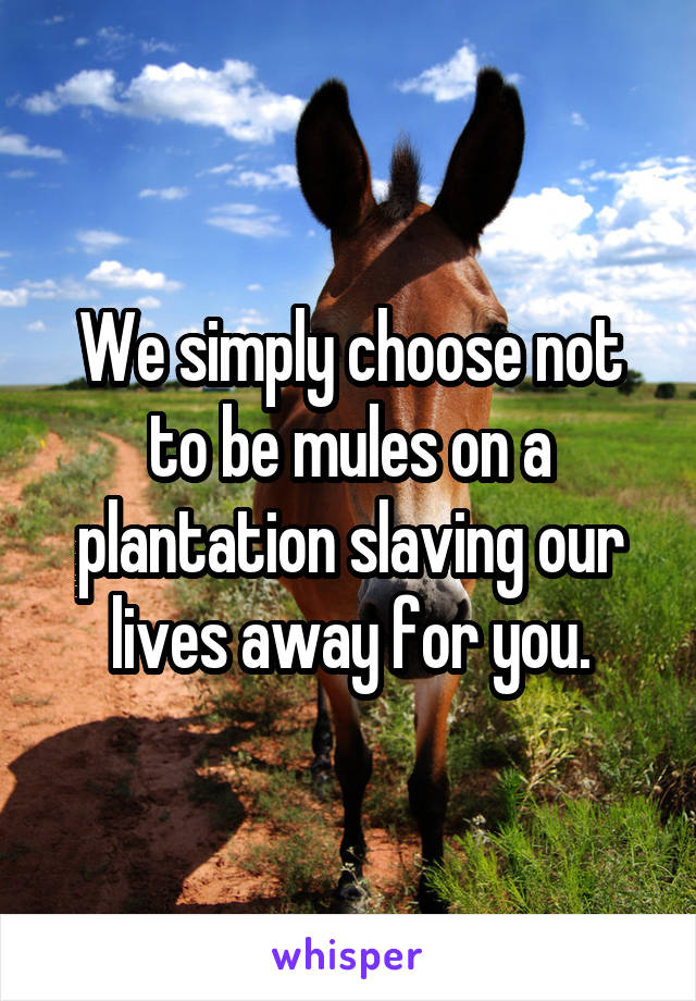 We simply choose not to be mules on a plantation slaving our lives away for you.