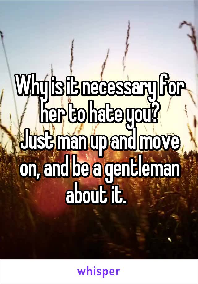 Why is it necessary for her to hate you?
Just man up and move on, and be a gentleman about it.  