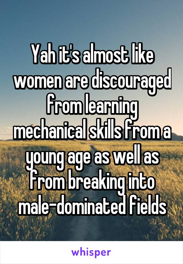 Yah it's almost like women are discouraged from learning mechanical skills from a young age as well as from breaking into male-dominated fields
