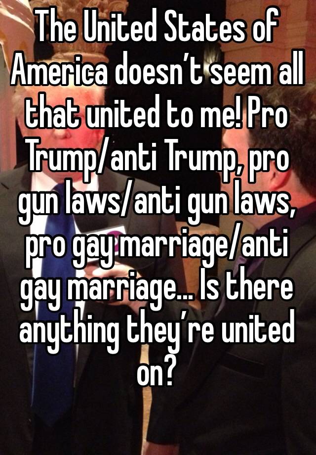 The United States of America doesn’t seem all that united to me! Pro Trump/anti Trump, pro gun laws/anti gun laws, pro gay marriage/anti gay marriage... Is there anything they’re united on?