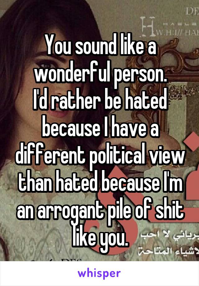 You sound like a wonderful person.
I'd rather be hated because I have a different political view than hated because I'm an arrogant pile of shit like you.